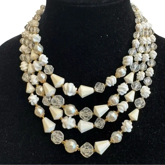 Vintage West Germany Multifaceted Four Strand Lucite Beads Faux Pearl Necklace - Picture 2 of 16